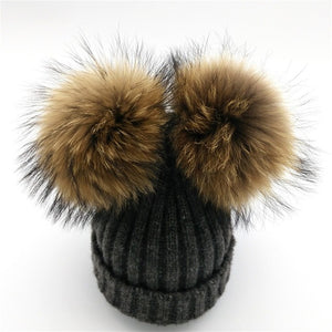 Knitted Hat w/ Removable Mink Fur PomPoms For Women