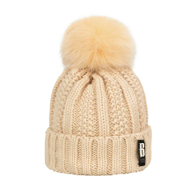Faux Fur Pom Pom Warm Knitted Winter Hat for Women